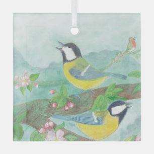 Birds singing on a blossoming tree branch glass tree decoration