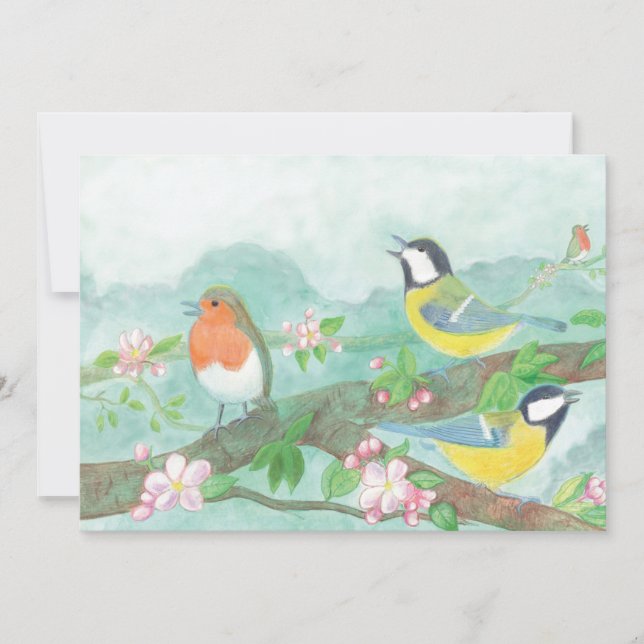 Birds singing on a blossoming tree branch  holiday card (Front)
