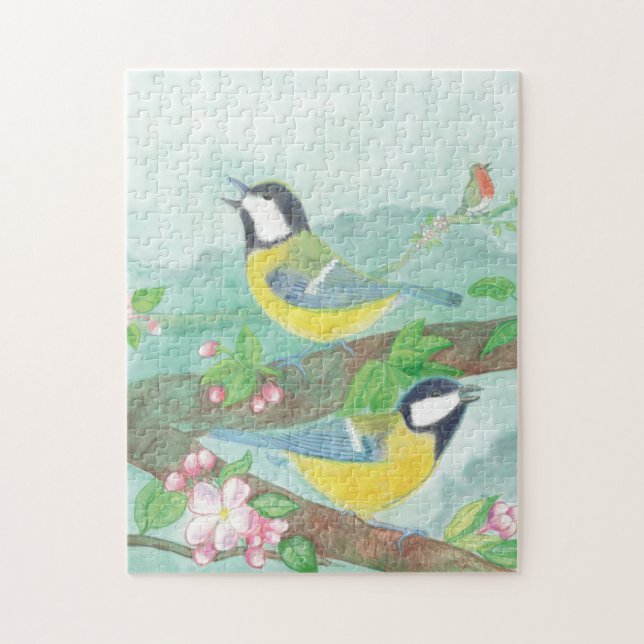 Birds singing on a blossoming tree branch  jigsaw puzzle (Vertical)
