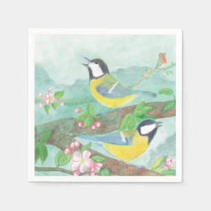 Birds singing on a blossoming tree branch napkin