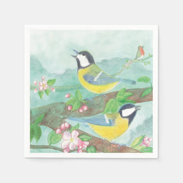 Birds singing on a blossoming tree branch  napkin (Front)
