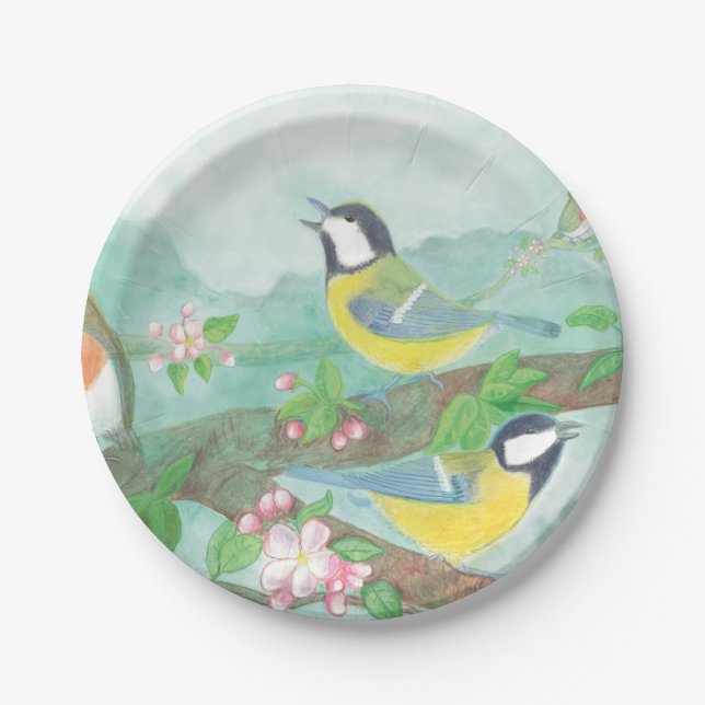 Birds singing on a blossoming tree branch   paper plate (Front)