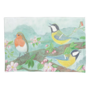 Birds singing on a blossoming tree branch  pillowcase