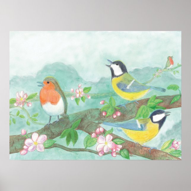 Birds singing on a blossoming tree branch  poster (Front)