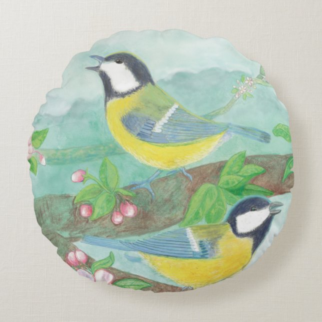 Birds singing on a blossoming tree branch  round cushion (Front)