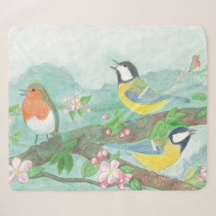 Birds singing on a blossoming tree branch sherpa blanket
