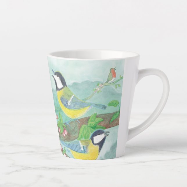 Birds singing on a blossoming tree branch Small Latte Mug (Right)