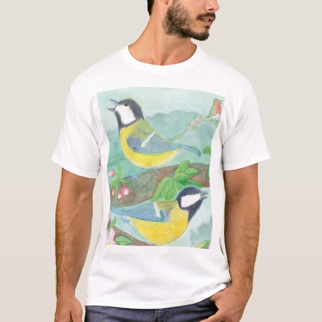 Birds singing on a blossoming tree branch T-Shirt (Front)
