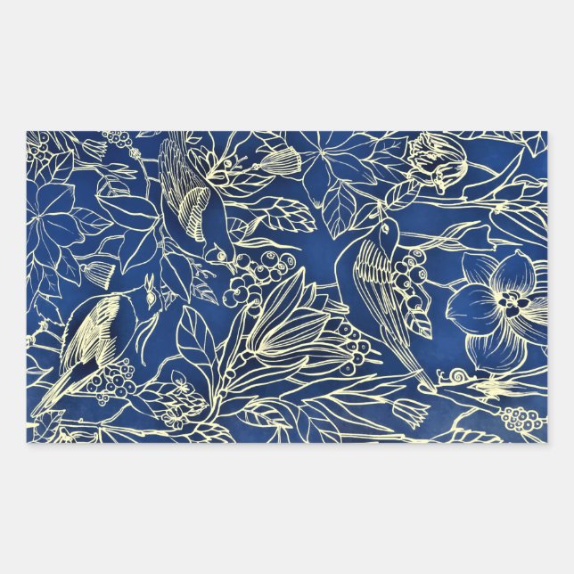 Birds Spring Floral Blossom Blue Glitter Rectangular Sticker (Front)