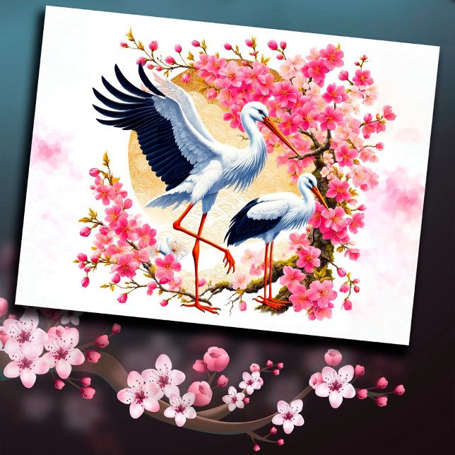 Birds stork Asian nature sakura oriental decor Postcard (Creator Uploaded)