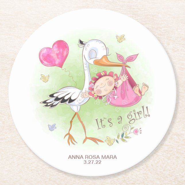 *~*  Birds Stork Baby Girl Heart Baby Shower Round Paper Coaster (Front)