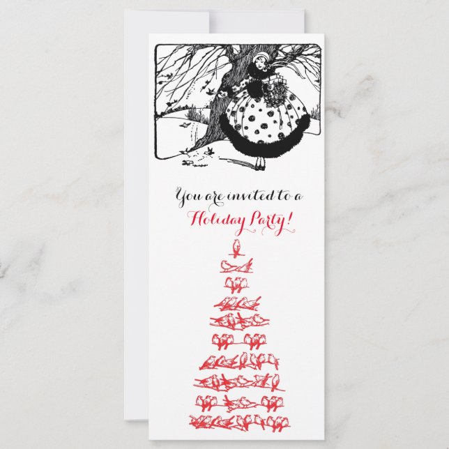 BIRDS TREE,CHRISTMAS LADY Black White Gem Red Invitation (Front)