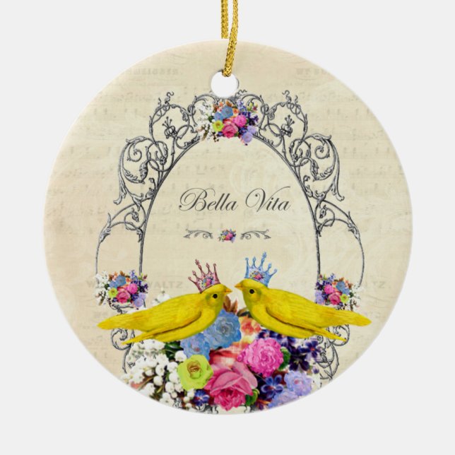 Birds with crowns and flowers - Bella Vita Ceramic Tree Decoration (Front)