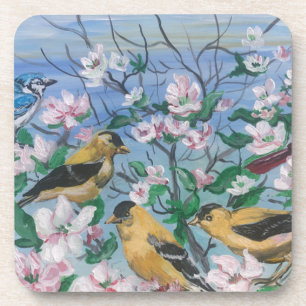 Birds yellow finch blooms coaster
