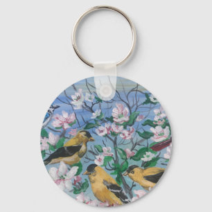 Birds yellow finch blooms  key ring