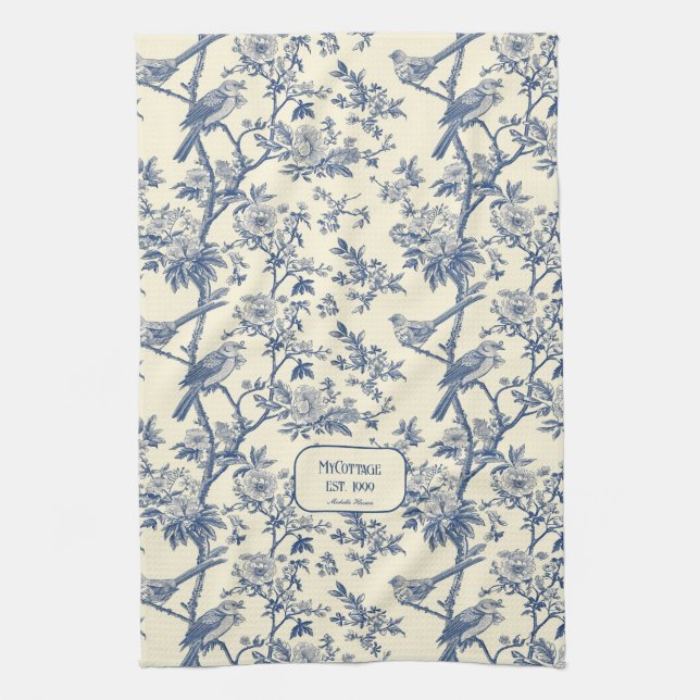 Birdsong Cobalt and Cream Toile de Jouy Tea Towel (Vertical)
