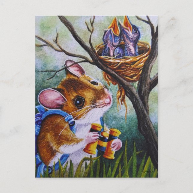 Birdwatching Field Mouse Finds Nest Watercolor Art Postcard (Front)