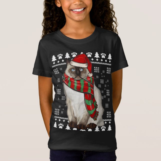 Birman Cat Santa Hat Xmas Ugly Christmas T-Shirt (Front)