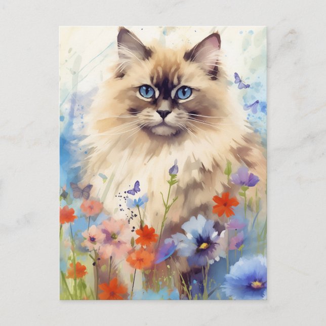 Birman Cat surrounded by flowers Postcard (Front)