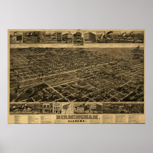 Birmingham, AL Panoramic Map Birds Eye View Poster (Front)