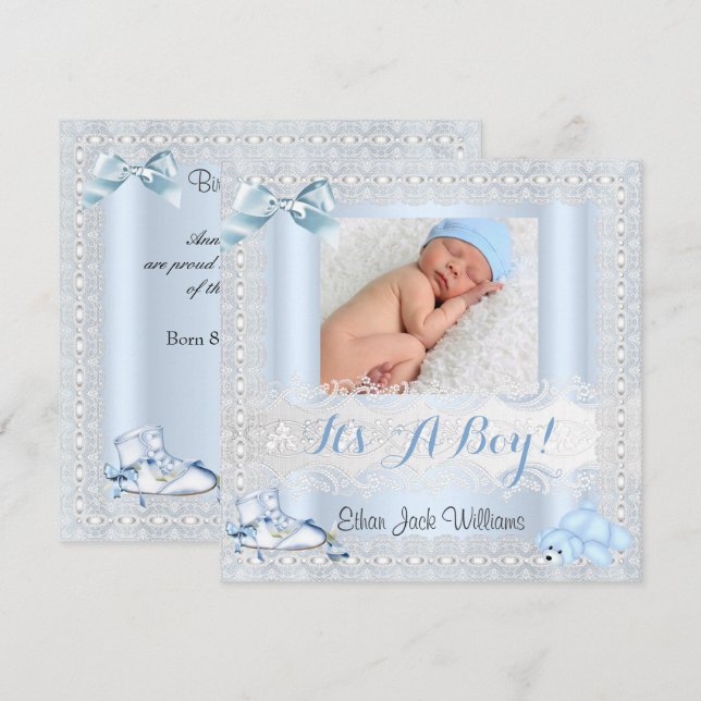 Birth Announcement Baby Boy Photo Shoes Bear 4 (Front/Back)