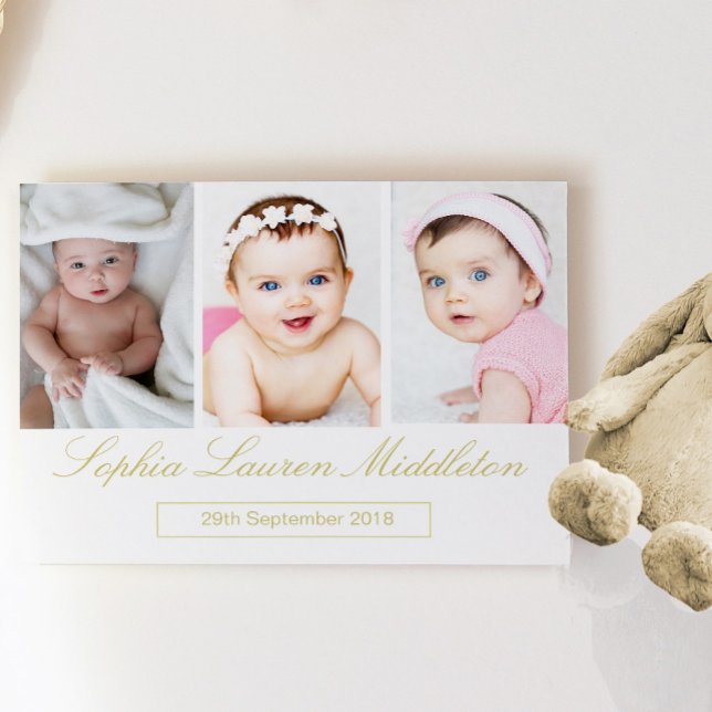 Birth Announcement Baby Photo Gold Coloured Script Postcard (Creator Uploaded)