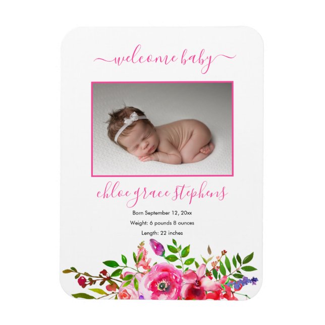 Birth Announcement - Boho Pink Floral Baby Girl Magnet (Vertical)