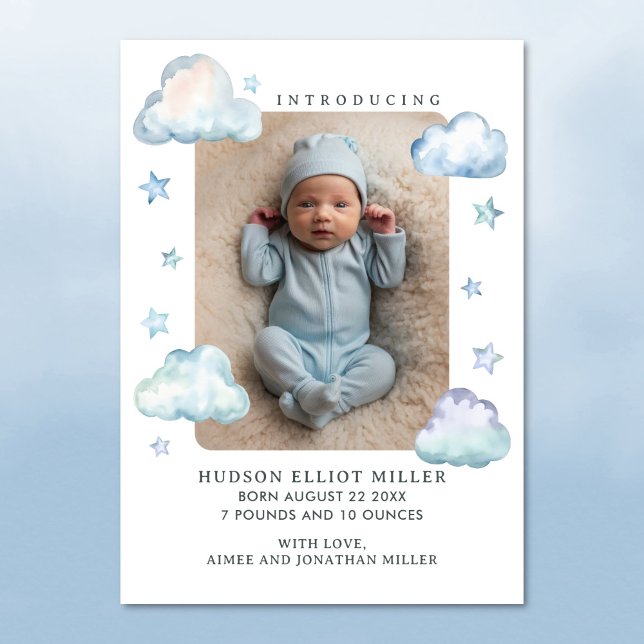 Birth Announcement Clouds & Stars Baby Boy Card (Birth announcement card with clouds and stars )