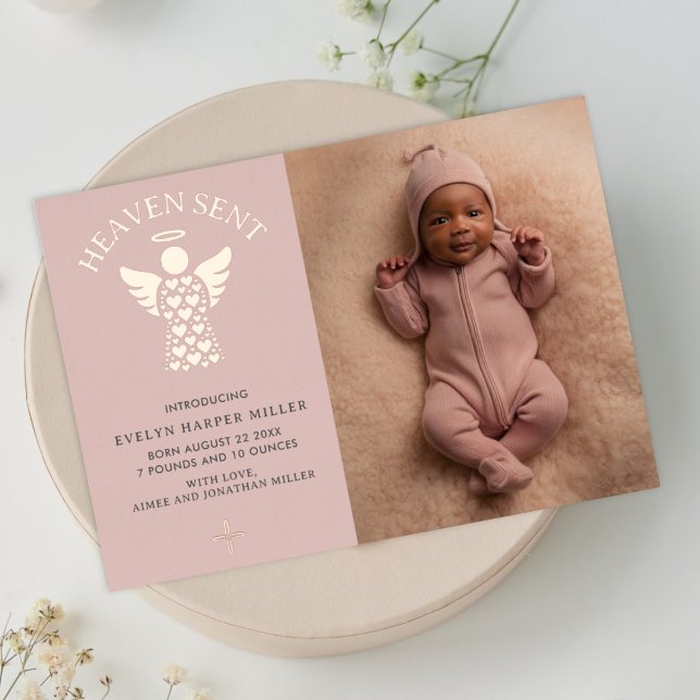 Birth Announcement Heaven Sent Foil Angel Card (Heaven sent birth announcement card with rose gold foil)