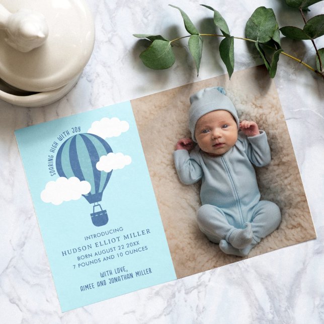 Birth Announcement Hot Air Balloon Blue Card (Hot air balloon birth announcement card)