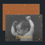 Birth announcement introducing gold script stars<br><div class="desc">Birth announcement introducing gold script and stars classy modern card. With a script text and gold effect design,  back ground colour can be change to suit your style.</div>