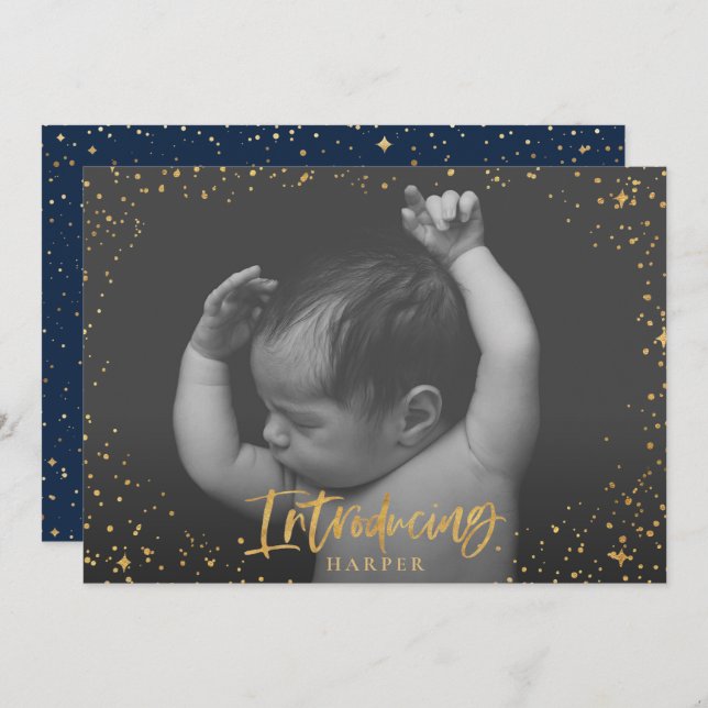 Birth announcement introducing gold script stars (Front/Back)