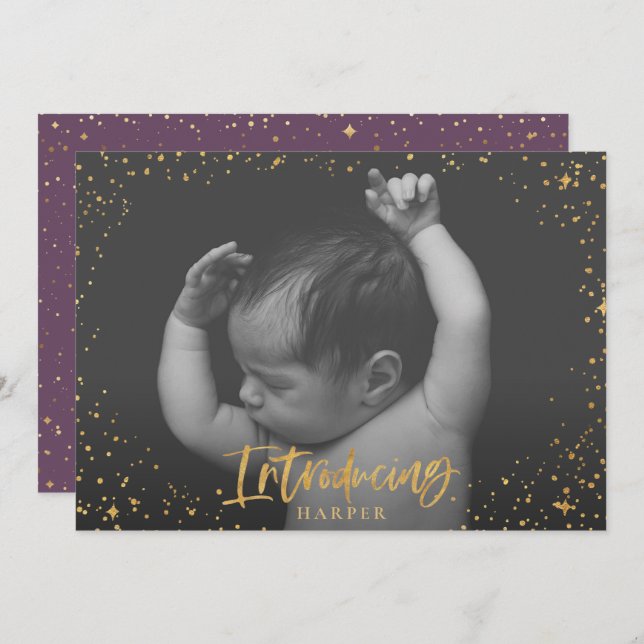 Birth announcement introducing gold script stars (Front/Back)