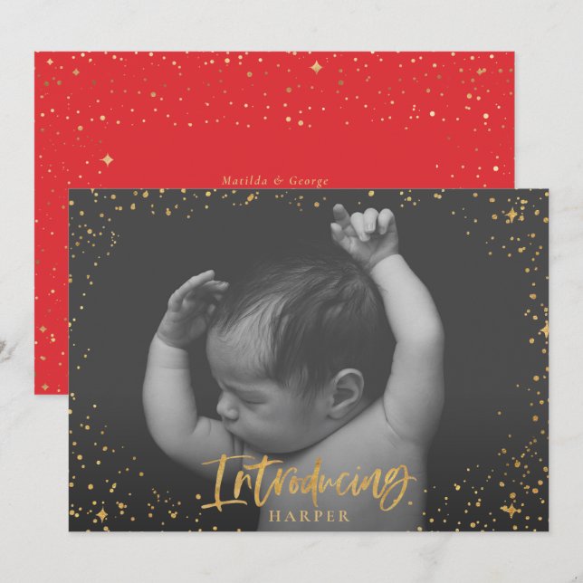 Birth announcement introducing gold script stars (Front/Back)