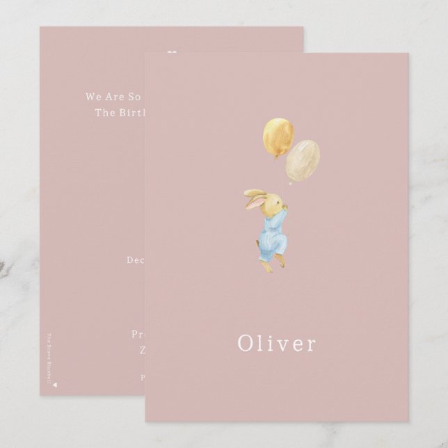 Birth Announcement Little Rabbit With Balloons (Front/Back)
