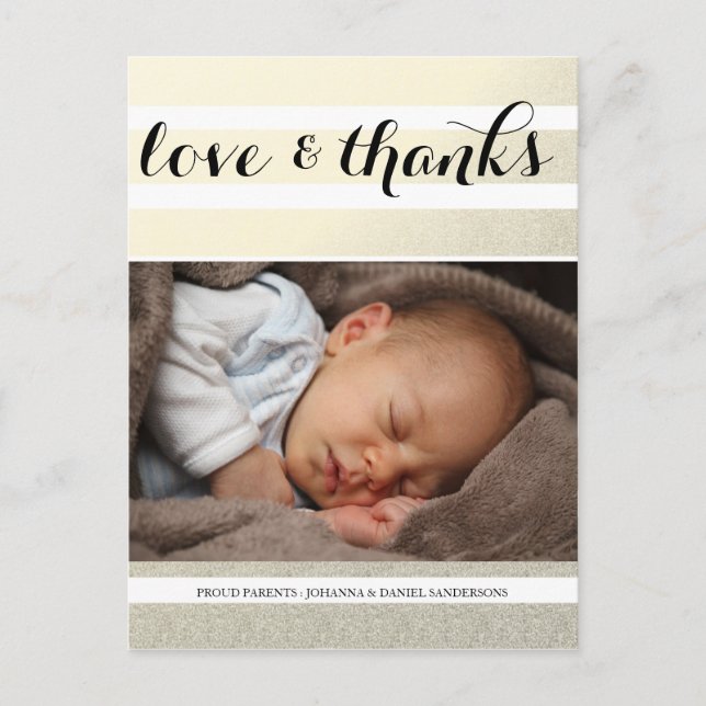 Birth Announcement Love Thanks Gold Stripes Photo (Front)