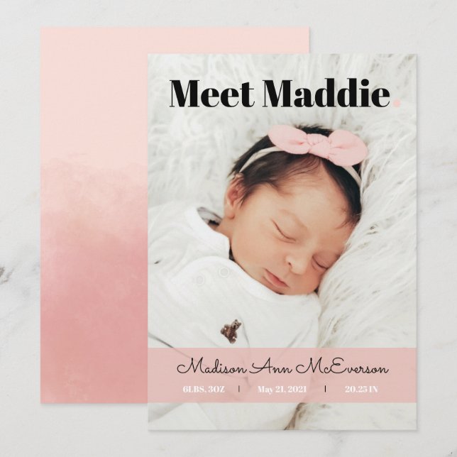 Birth Announcement Meet Baby Pink Blush Simple (Front/Back)