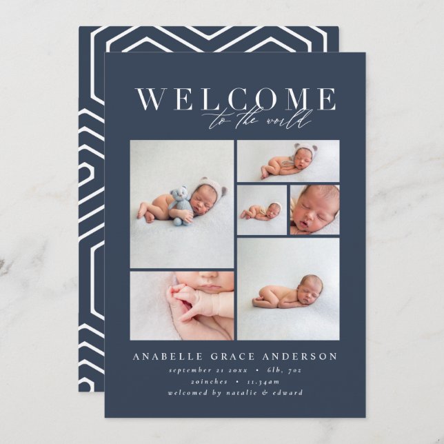 Birth announcement multi photo navy geometric (Front/Back)