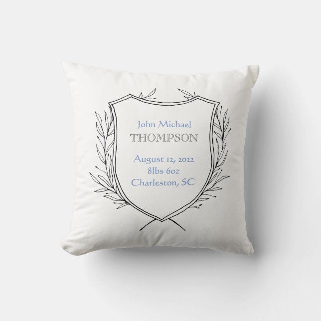 Birth Announcement Nursery Decor Baby Boy Blue Cushion (Front)