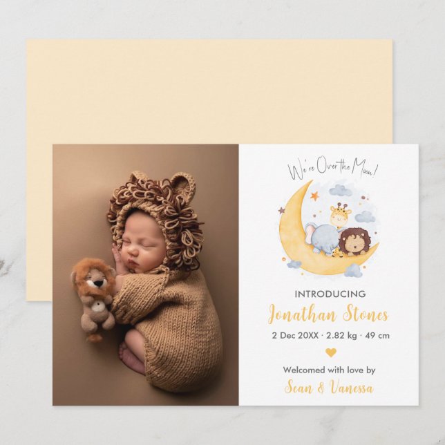 Birth Announcement Photo Card Animal Over the Moon (Front/Back)