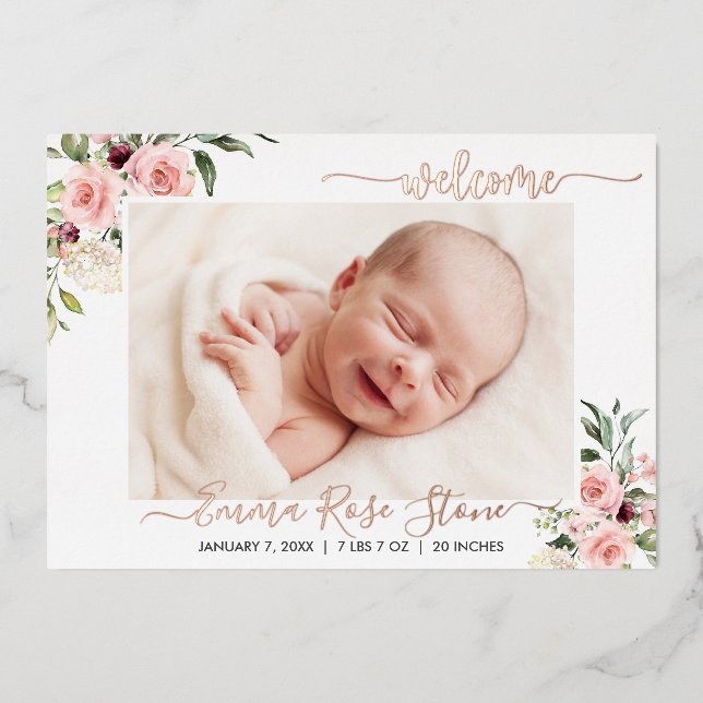 Birth Announcement Photo Card Pink Roses and Foil (Front)