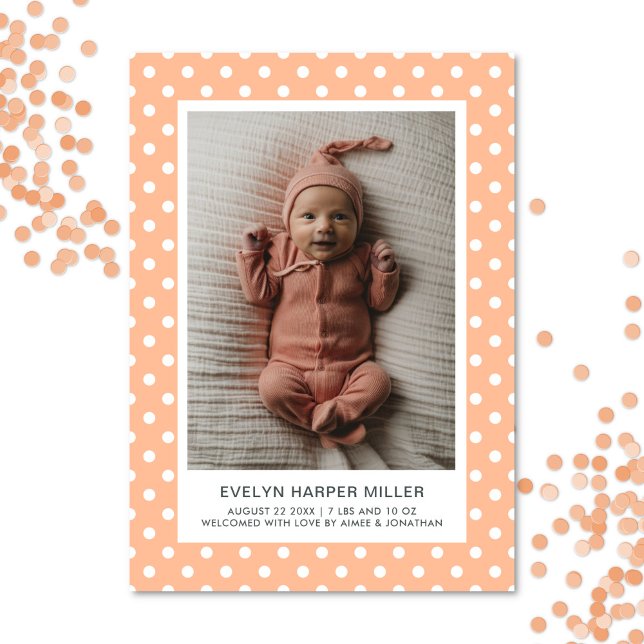 Birth Announcement Polka Dots Peach Modern Card (Polka dot birth announcement card in peach)