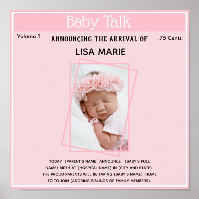 Birth Announcement Poster Baby Girl (Front)