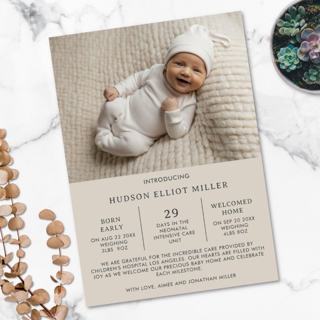 Birth Announcement Preemie NICU Modern Taupe Card (Taupe birth announcement card for premature baby)