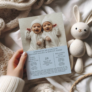 Birth Announcement Preemie Twins NICU Blue Card
