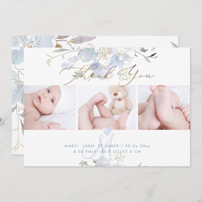 Birth Announcement+Shower Thank You Blue Sweet Pea Invitation (Front/Back)