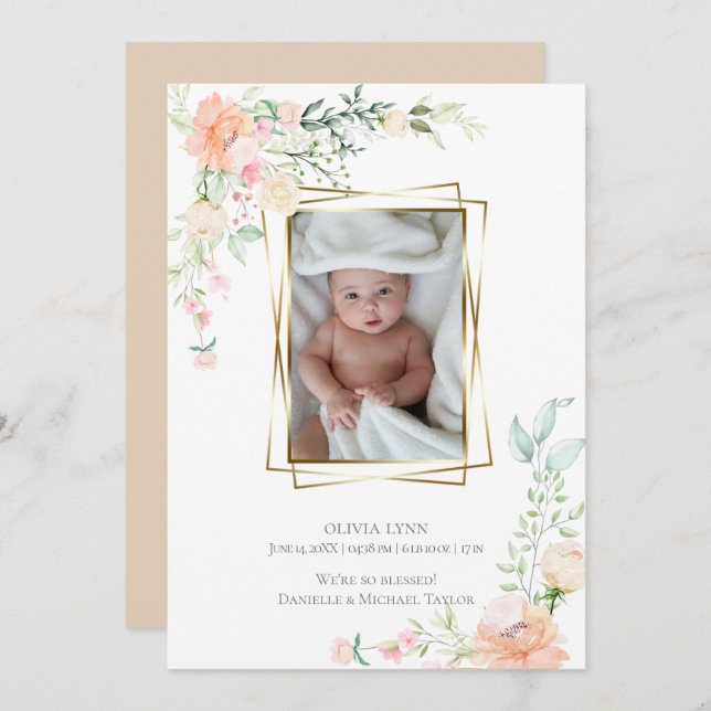 Birth Announcement | Spring Watercolor Flowers (Front/Back)