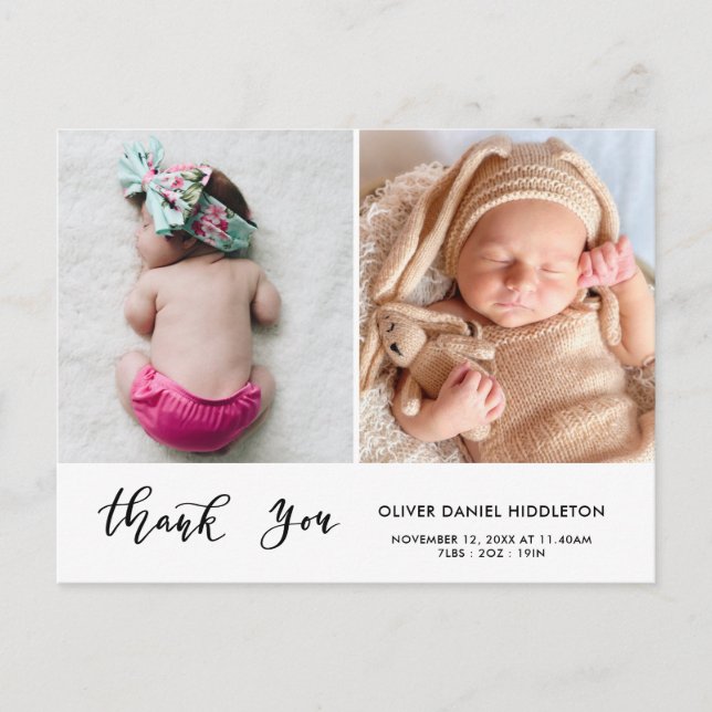 Birth Announcement Thank You Modern Script Photo Postcard (Front)