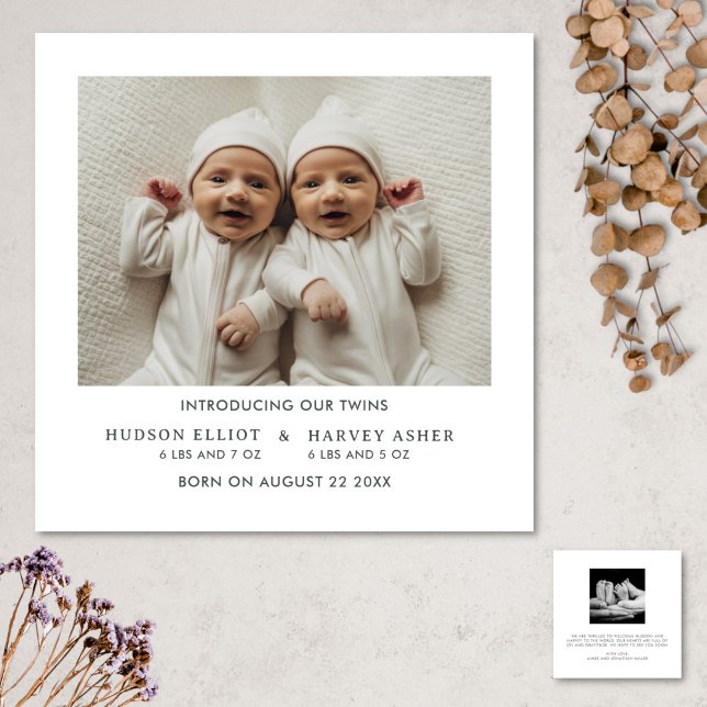 Birth Announcement Twins Minimalist Square Card (Modern minimalist birth announcement card for twins)