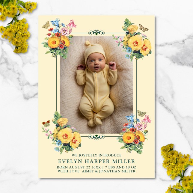 Birth Announcement Vintage Flowers Yellow Card (Vintage floral birth announcement card)